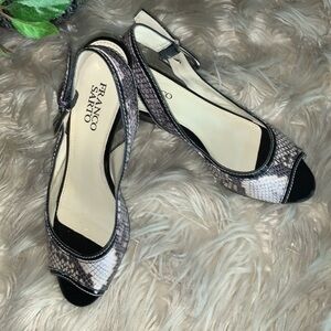 Franco Sarto Peep Toe Slingback Shoes Black and Grey Snakeskin Woman’s Size 7.5M